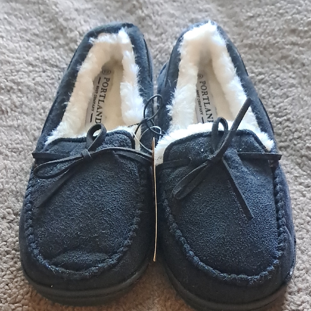 Portland Kids Black Suede Moccasin Slippers